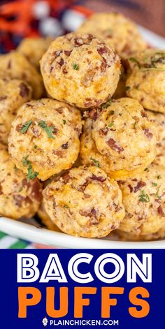 bacon puffs are piled on top of each other in a white bowl with the words bacon puffs above it