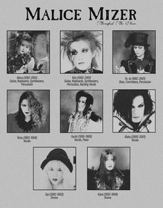 A poster containing all the members of a visual Kei band throughout the band's history, alongside their roles! Gothic Visual Kei, Malice Mizer Mini Manga, Gackt Poster, Gackt Malice Mizer Icon, Malice Mizer Black And White, Malice Mizer Edit, Gardenia Malice Mizer, Malice Mizer Mana Sama, Malice Mizer Aesthetic