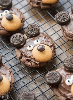 cookies decorated like teddy bears with chocolate frosting and oreos on a cooling rack