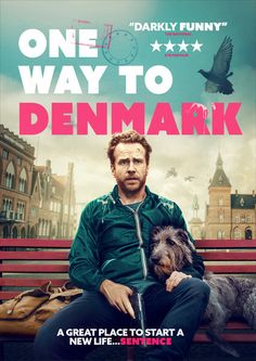 a man sitting on top of a bench with a dog next to him and the words one way to denmark