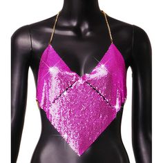 Pink metal halter top. Metallic Halter Top For Summer Party, Summer Party Metallic Halter Top, Glamorous Metallic Halter Top For Night Out, Metallic Halter Top For Summer Evenings, Glamorous Triangle Halter Top For Parties, Glamorous Metallic Halter Top, Sequin Halter Neck Top For Club, Sequined Halter Neck Top For Club, Pink Triangle Halter Top For Party