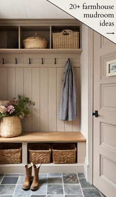 a mudroom with baskets and shoes on the floor