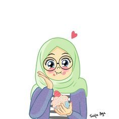 a drawing of a woman with glasses holding a donut in her hand and looking at the camera