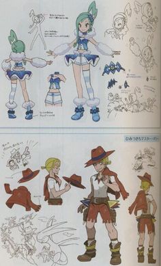 two pages from an anime book showing different poses and expressions for the characters in each character