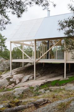 a small wooden house sitting on top of a hill