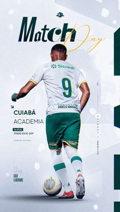 a soccer player in green and white uniform kicking a ball on the cover of match day magazine