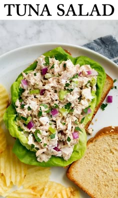 a white plate topped with lettuce covered in chicken salad next to sliced potato chips