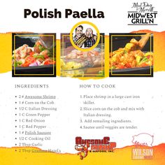 the menu for polish paellaa is shown in yellow and orange colors with an image of