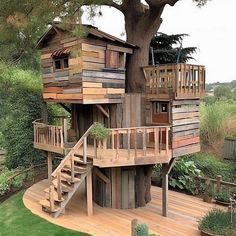 a tree house built into the side of a tree in a yard with stairs leading up to it