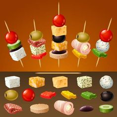 an assortment of different types of food on sticks