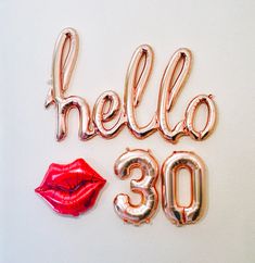 an image of balloons with the words hello 25 on them and a red lip in the middle