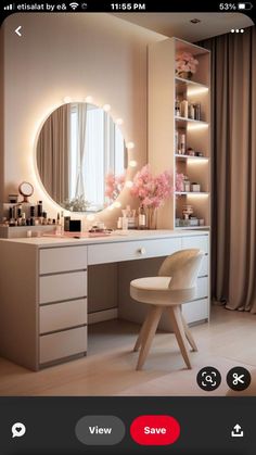 an image of a vanity with lights on and flowers in vases next to it