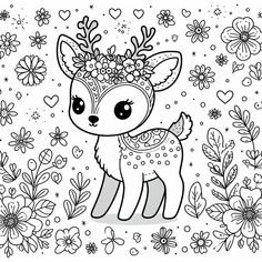 a cute little deer with flowers and hearts on it's head, surrounded by daisies