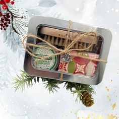 "A cute and thoughtful Christmas gift for Gardeners, our Gardening gift tin is a sweet little gift to show you care.  A darling gift for Gardeners who love to toil in the earth's soil.  Gardening Gift Set Includes: + 1 ounce Gardener's Healing Balm and Cuticle Cream + 2.5 ounce bar organic eucalyptus and tea tree soap + Natural two sided nail brush + Packaged in a 5\" x 4\" x 1.5\" window tin ideal for storing seeds, tags and twine. The gardener's gift tin is wrapped with twine and keepsake silv Storing Seeds, Gardening Gloves Women, Women Gardening, Hazel Nut, Gardening Gift Set, Silver Garden, Garden Snail, Tea Tree Soap, Tree Soap