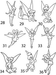 the cartoon tinkerbells are all in different positions and numbers to learn how to draw