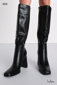 Strut into any room with effortless style with the Lulus Ceceliaa Black Square Toe Knee-High Boots! Smooth faux leather shapes these must-have boots that start with a squared-toe upper that rises to 16"" knee-high shaft with a 15"" circumference and an 18"" zipper at the instep. A sculpted block heel completes the effortlessly chic design! 3. 75" sculpted block heel. Lightly cushioned insole. Felted rubber sole has nonskid markings. Man made materials. Imported. Lulus | Ceceliaa Black Square Toe Knee-High High Heel Boots. Wide Calf Boots With Padded Heel For Fall, Square Toe Knee-high Boots With Stacked Heel For Work, Chic Boots With Padded Heel In Faux Leather, Workwear Knee-high Boots With Stacked Heel And Square Toe, Chic Faux Leather Boots With Padded Heel, Modern Boots For Fall, Modern Tall Boots For Fall, Sleek Tall Boots For Winter, Modern Knee-high Fall Boots