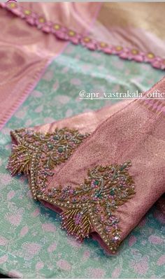 Green Saree With Pink Blouse Aari Work, Semi-stitched Gold Blouse Piece With Handwork, Pink With Green Aari Work Blouse Designs, Green Saree Pink Blouse Maggam Work Designs, Luxury Pink Resham Embroidery Blouse, Silk Saree Blouse Designs Patterns, Aari Blouse