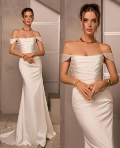 Wedding dresses/fashion outfits/ party wear dresses/designer dresses /white dresses Bardot Prom Dress, Bardot Wedding Dress, Wedding Dress Gloves, Simple White Wedding Dress, Dreamy Wedding Dress, White Bridesmaid Dresses, Pretty Wedding Dresses, Bridget Jones, Silk Wedding Dress