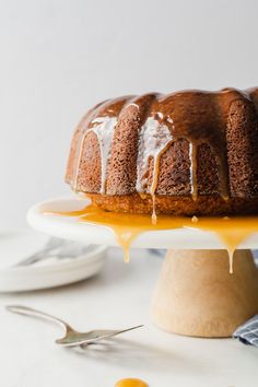 a bundt cake with caramel drizzle on top