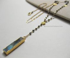 Y drop Gold edge labradorite bar wire wrapped crystals gold fil  long necklace Semi precious Gemstones Trendy layering gold fil jewelry - pinned by pin4etsy.com Gemstone Bar Necklace, Bar Necklace