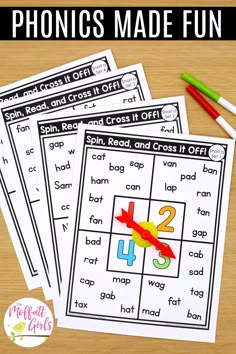 three printable phonics made fun cards with pencils and markers on the table