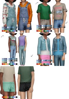 six different poses of the same person wearing overalls and shorts, all in various colors