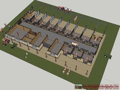 a computer rendering of a horse stable with horses in the stalls and people walking around