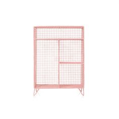 a pink metal cage with two doors on each side and one door open to the other side