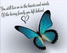 a blue butterfly with the words you still live in the hearts and minds of the loving family you left behind