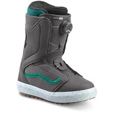 the snowboard boots are grey and green