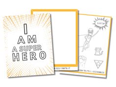 two greeting cards with the words i am as super hero