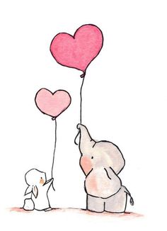 an elephant holding two heart shaped balloons in the air with a small white dog standing next to it