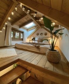 an instagram photo of a bedroom with lights on the ceiling and wooden flooring