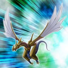 an animated image of a dragon flying through the air with blue and green streaks in the background