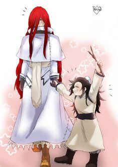 two anime characters one with red hair and the other wearing white, holding their hands up