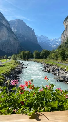 a river flowing through a lush green valley