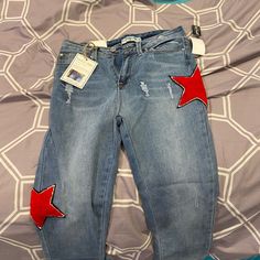 Star Jeans! New With Tags! The Corner On The Star On The Right Side Is Coming Up The Slightest Bit You Cant Even Tell Just Thought I’d Let You Guys Know :) Star Patchwork Jeans, Star Patchwork, Thrift Flips, Rhinestone Jeans, Star Party, Patchwork Jeans, Patched Jeans, Jeans Y2k, Star Jeans