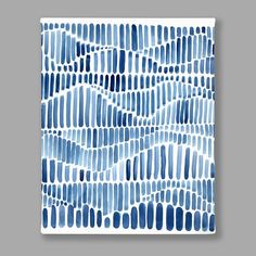 a blue and white abstract painting on a gray background with watercolor paint strokes in the form of wavy lines