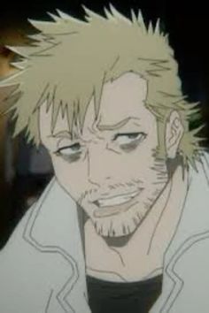 an anime character with blonde hair and black eyes looking at the camera while wearing a white jacket