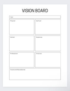 the vision board is shown in black and white, with three different sections labeled on each side