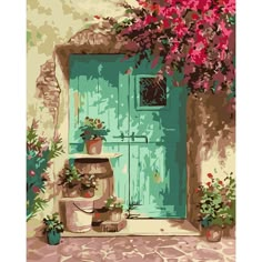 a painting of a blue door with potted plants and flowers on the outside wall