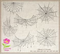 spider webs on linen with pink flower in the center and brown border around them