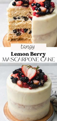 a cake that has been cut into pieces and is sitting on a plate with the words fancy lemon berry mascarpone cake