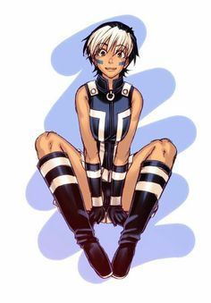 an anime character sitting on the ground wearing black and white striped pants with her legs crossed