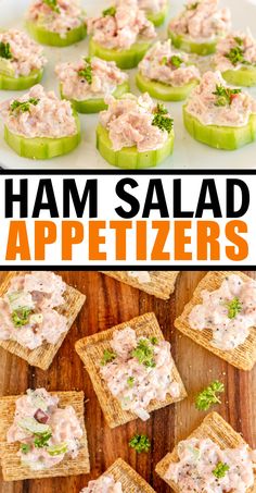 ham salad appetizers are served on crackers with cheese and parsley in the middle