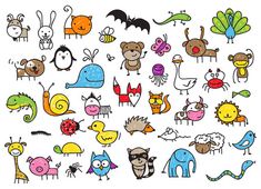 hand drawn doodle animals and birds in various colors on white background with space for text