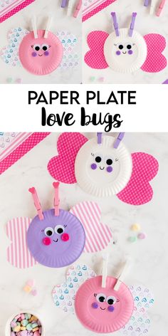 paper plate love bug craft for valentine's day with pink and purple hearts on it