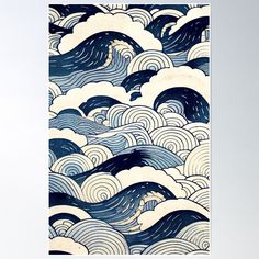 an abstract blue and white painting with waves on the surface, against a gray background poster