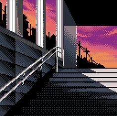 an old pixellated image of stairs leading up to a building with sunset in the background