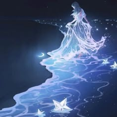 a woman standing in the water surrounded by stars